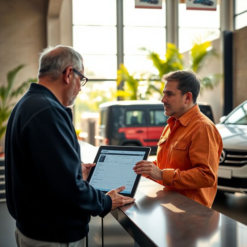 Cliente conversando com mecânico no balcão de atendimento da oficina