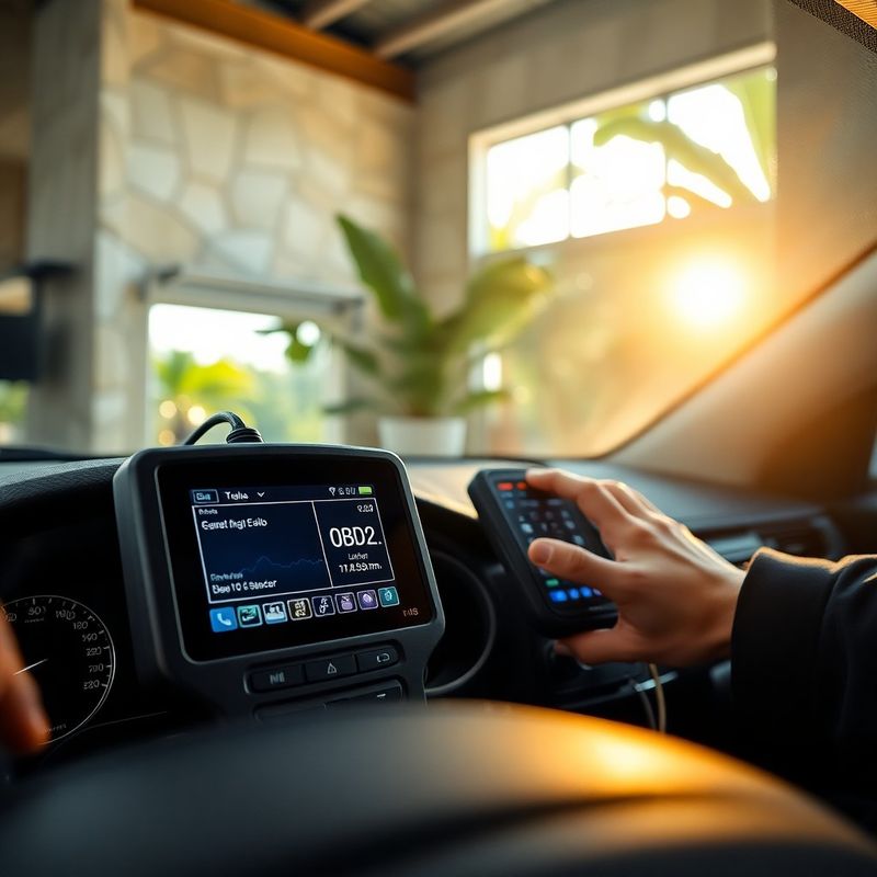 Scanner OBD2 conectado ao painel de um carro mostrando dados em tempo real