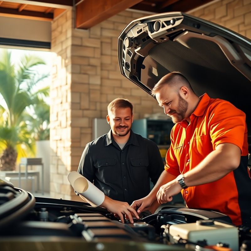 Dois técnicos automotivos examinando um motor em conjunto