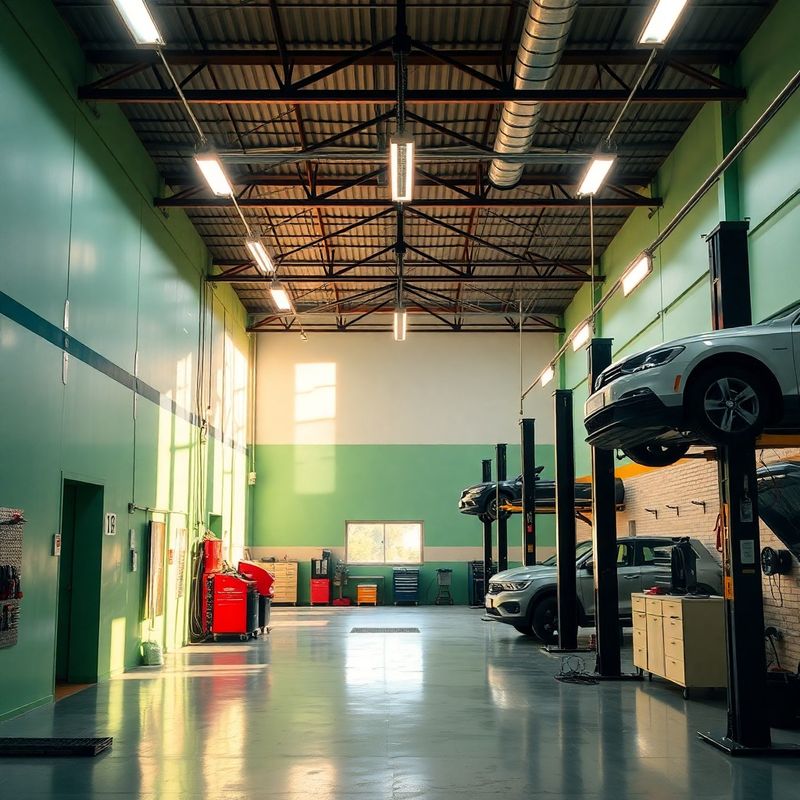 Interior amplo da oficina com paredes verde menta, boxes numerados e elevadores hidráulicos