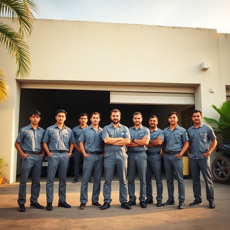 Equipe de oito técnicos em uniforme cinza diante da fachada verde menta da oficina