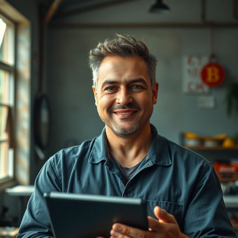 Retrato de Marcelo Viana, mecânico fundador, segurando um tablet de diagnóstico
